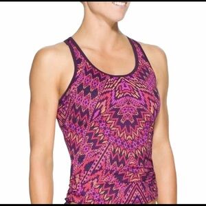 Athleta Vibrant Pink and Purple Patterned Tank Top swim suit xl top large bottom